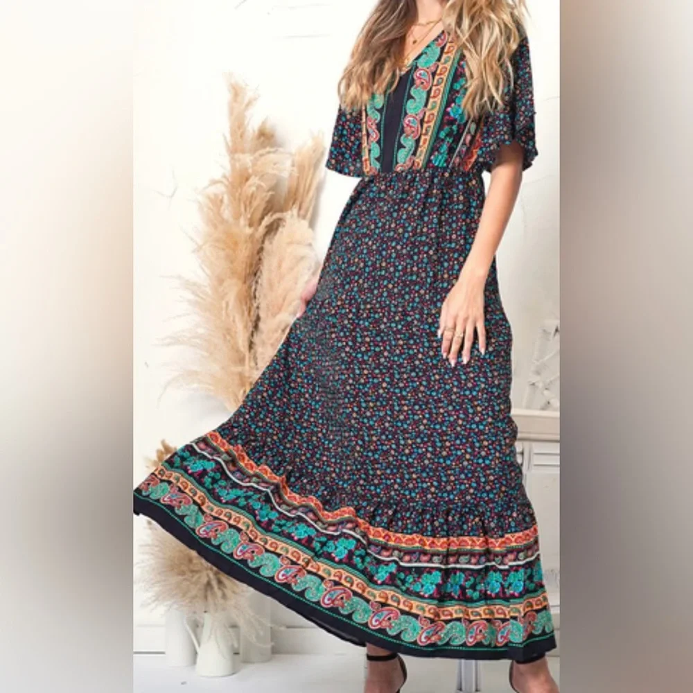 Zesica Maxi Boho Dress Black Floral Paisley Print Tied Waist Women's Medium - Picture 1 of 7